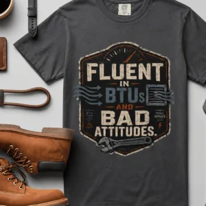 HVAC Tech T‑Shirt – "Fluent In BTUs And Bad Attitudes" — graphite t-shirt, flat-lay product photo | Pressure Tested Co