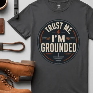 Grounded T‑Shirt – "Trust Me I'm Grounded" Electrical Tech Tee — graphite t-shirt, flat-lay product photo | Pressure Tested Co