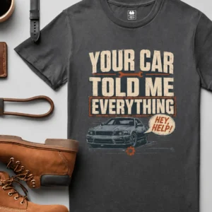 Mechanic T‑Shirt – "Your Car Told Me Everything" Vintage Graphic Design Tee — graphite t-shirt, flat-lay product photo | Pressure Tested Co