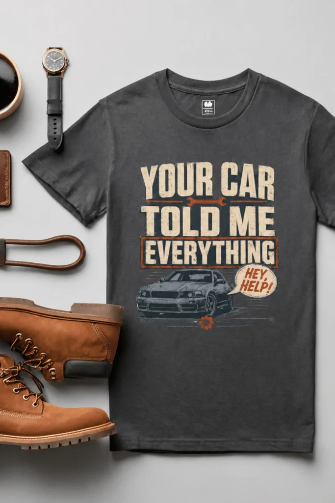 Mechanic T‑Shirt – "Your Car Told Me Everything" Vintage Graphic Design Tee — graphite t-shirt, flat-lay product photo | Pressure Tested Co