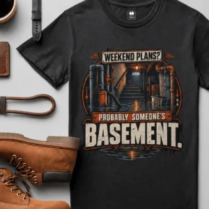 Plumber T‑Shirt – "Weekend Plans? Probably Someone's Basement" Vintage Graphic Design Tee — graphite t-shirt, flat-lay product photo | Pressure Tested Co