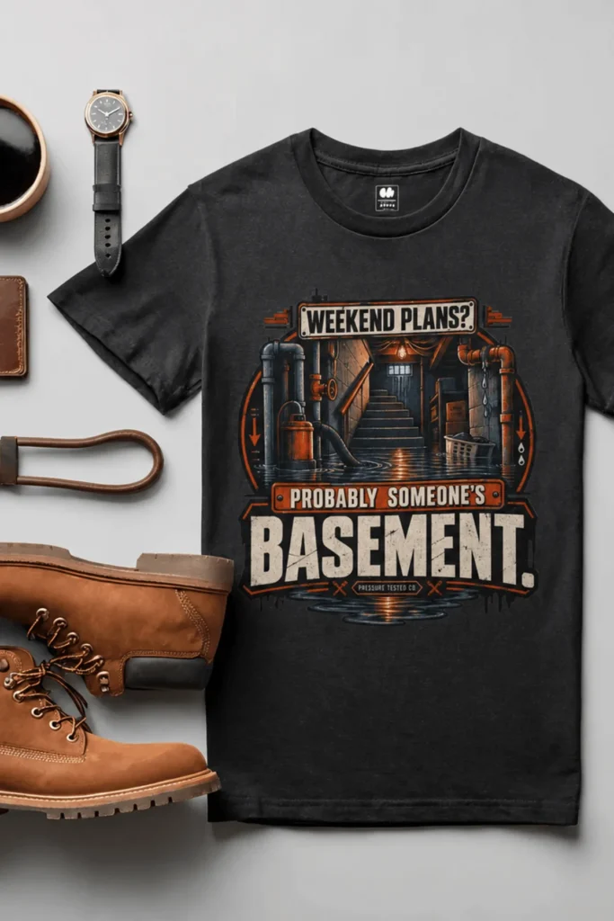 Plumber T‑Shirt – "Weekend Plans? Probably Someone's Basement" Vintage Graphic Design Tee — graphite t-shirt, flat-lay product photo | Pressure Tested Co