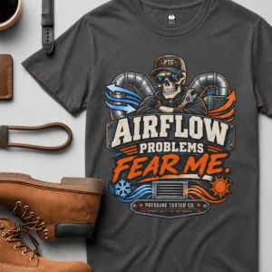 Airflow Problems Fear Me T-Shirt — HVAC Technician Skull Logo Tee — graphite t-shirt, flat-lay product photo | Pressure Tested Co