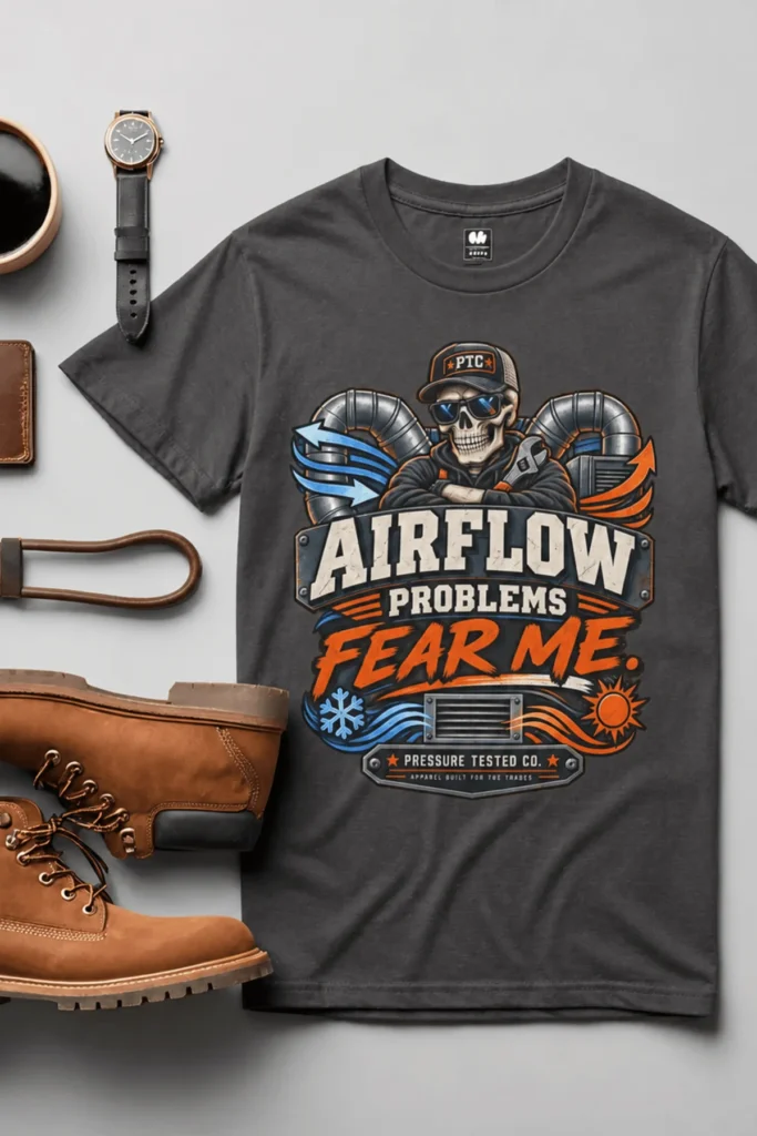 Airflow Problems Fear Me T-Shirt — HVAC Technician Skull Logo Tee — graphite t-shirt, flat-lay product photo | Pressure Tested Co