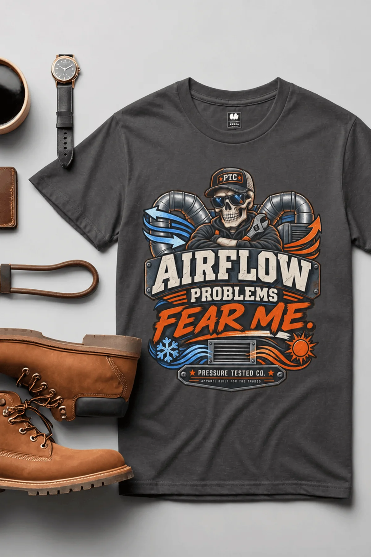 Airflow Problems Fear Me T-Shirt — HVAC Technician Skull Logo Tee — graphite t-shirt, flat-lay product photo | Pressure Tested Co