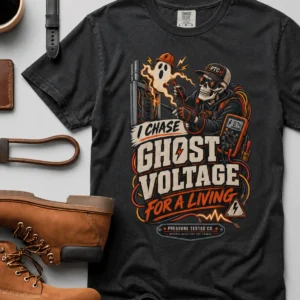 Ghost Voltage T-Shirt — 'I Chase Ghost Voltage for a Living' Vintage Electrician Tee — graphite t-shirt, flat-lay product photo | Pressure Tested Co
