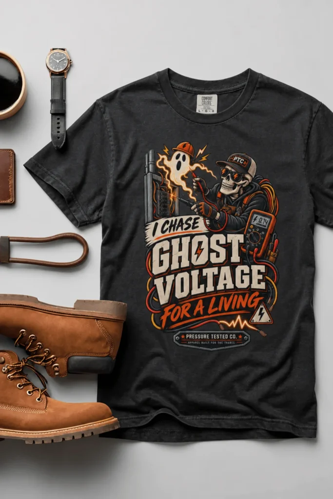 Ghost Voltage T-Shirt — 'I Chase Ghost Voltage for a Living' Vintage Electrician Tee — graphite t-shirt, flat-lay product photo | Pressure Tested Co