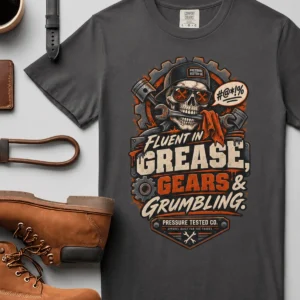 Mechanic Skull T-Shirt — "Fluent in Grease, Gears and Grumbling" Graphic Tee — graphite t-shirt, flat-lay product photo | Pressure Tested Co