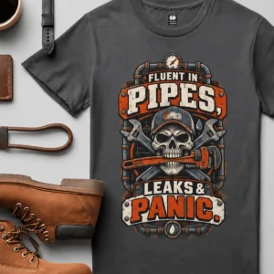 Plumber Skull T-Shirt — "Fluent in Pipes, Leaks and Panic" Workwear Tee — graphite t-shirt, flat-lay product photo | Pressure Tested Co