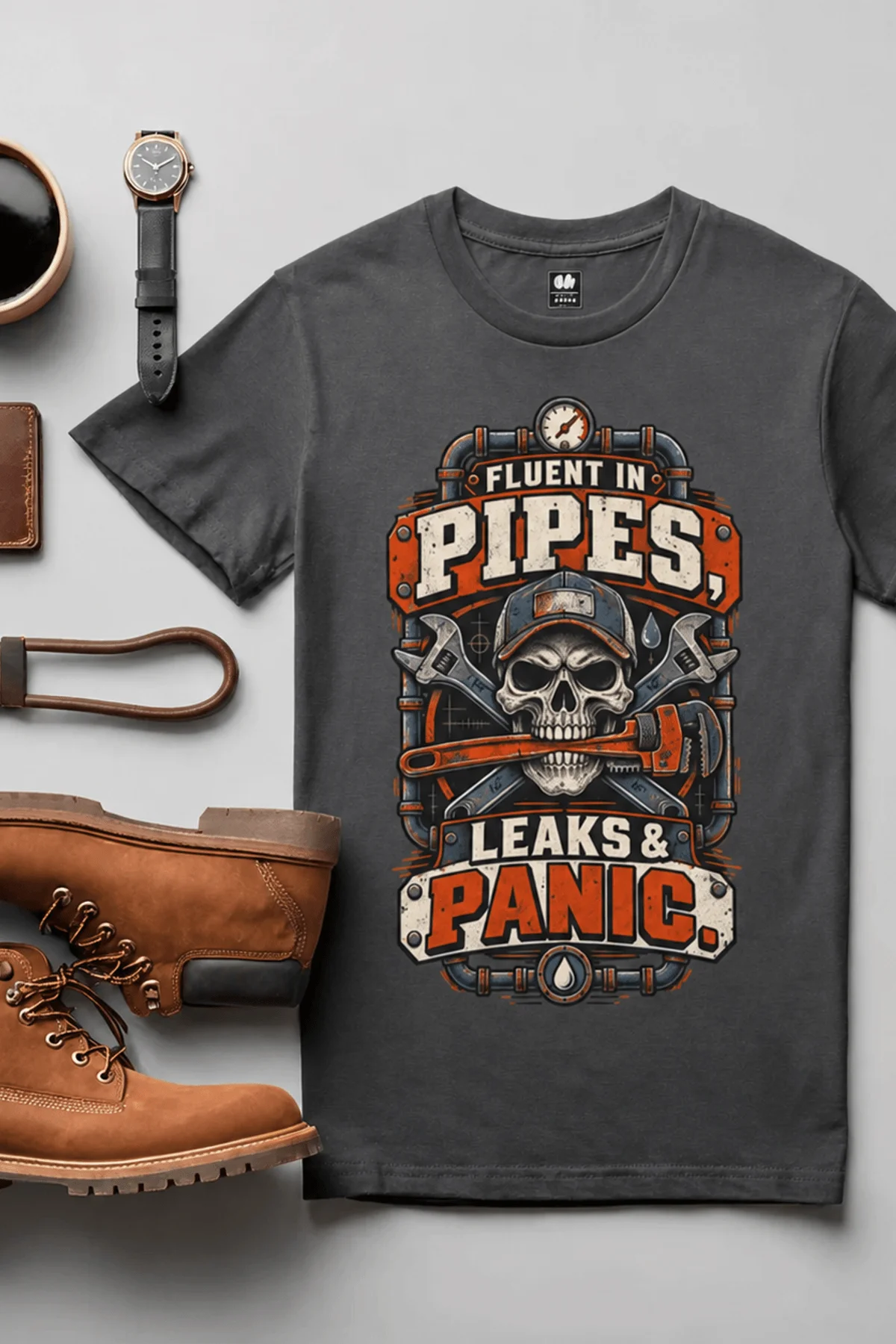 Plumber Skull T-Shirt — "Fluent in Pipes, Leaks and Panic" Workwear Tee — graphite t-shirt, flat-lay product photo | Pressure Tested Co