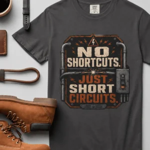 No Shortcuts Just Short Circuits T-Shirt — Funny Retro Industrial Electrician Tee — graphite t-shirt, flat-lay product photo | Pressure Tested Co