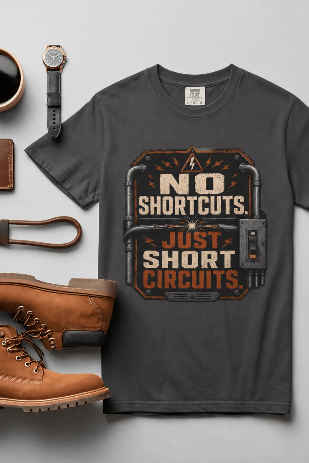 No Shortcuts Just Short Circuits T-Shirt — Funny Retro Industrial Electrician Tee — graphite t-shirt, flat-lay product photo | Pressure Tested Co