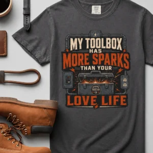 T-Shirt — "My Toolbox Has More Sparks Than Your Love Life" Electrician/Mechanic Workshop Tee — graphite t-shirt, flat-lay product photo | Pressure Tested Co
