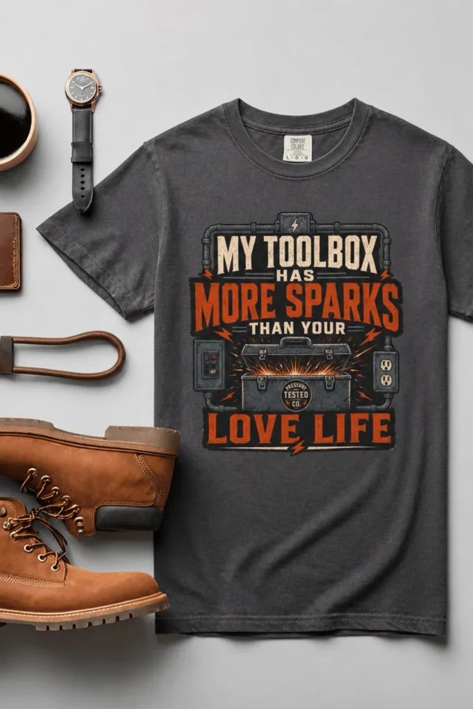T-Shirt — "My Toolbox Has More Sparks Than Your Love Life" Electrician/Mechanic Workshop Tee — graphite t-shirt, flat-lay product photo | Pressure Tested Co