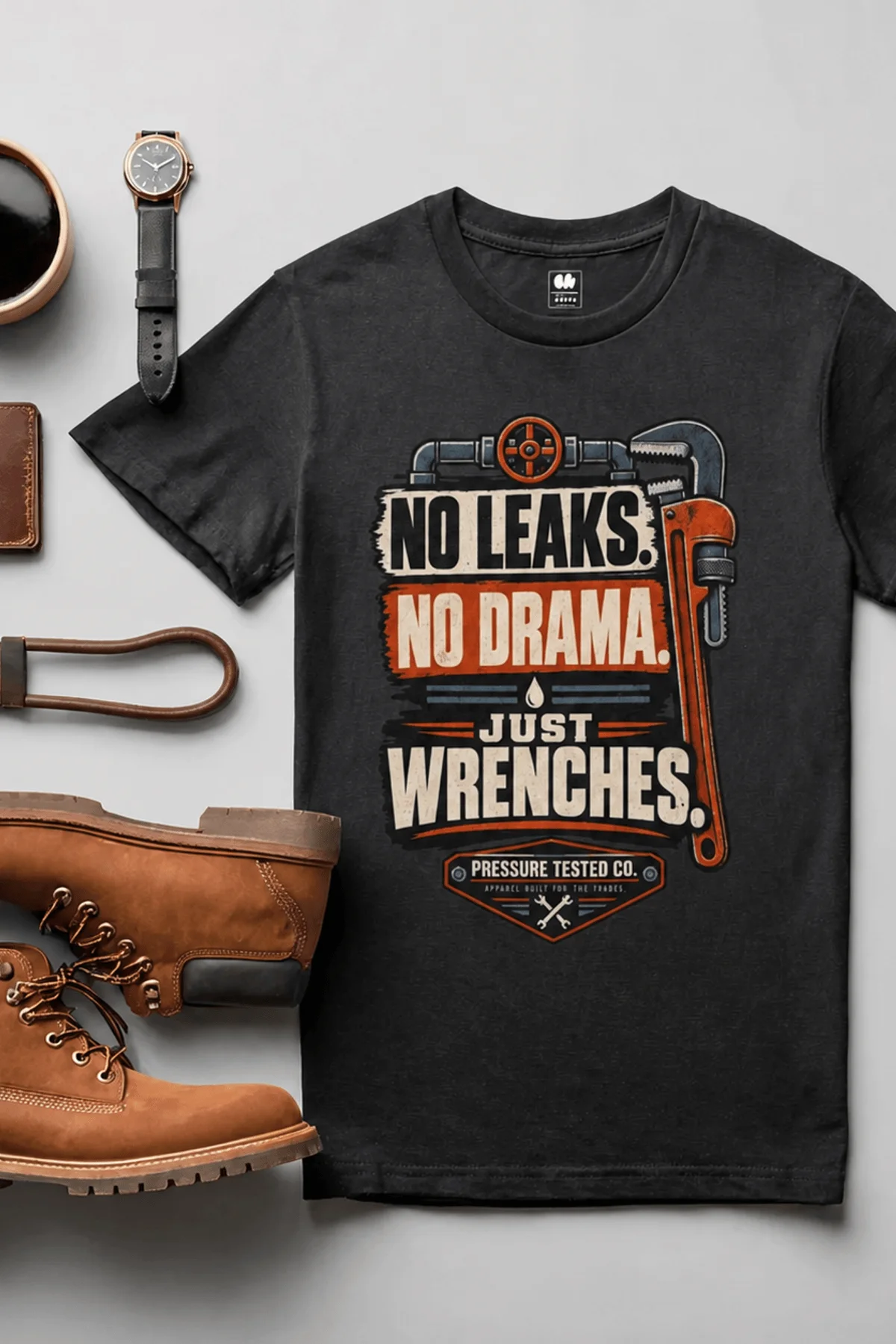 "No Leaks, No Drama, Just Wrenches" Vintage Plumbing Tee — graphite t-shirt, flat-lay product photo | Pressure Tested Co