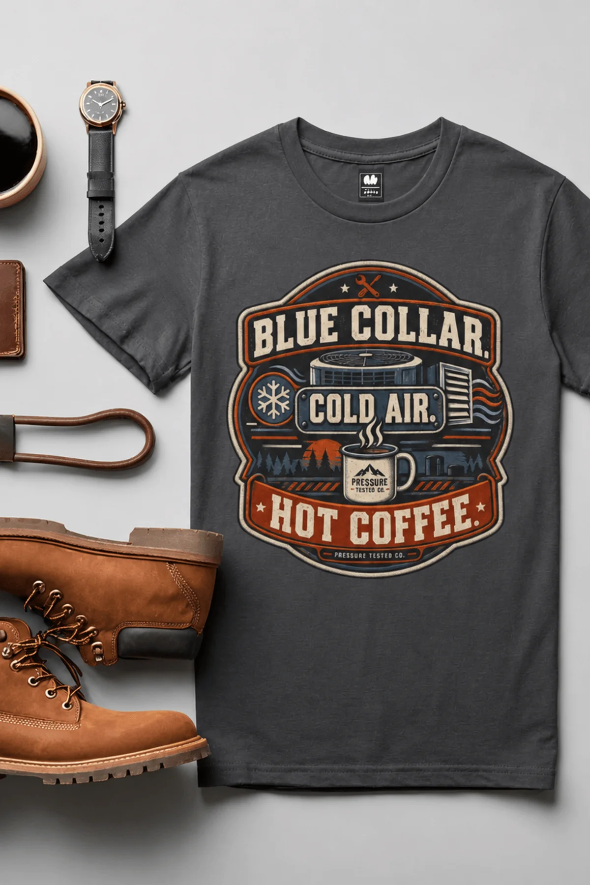 'Blue Collar. Cold Air. Hot Coffee.' T-Shirt — Funny Retro Industrial HVAC Tee — graphite t-shirt, flat-lay product photo | Pressure Tested Co
