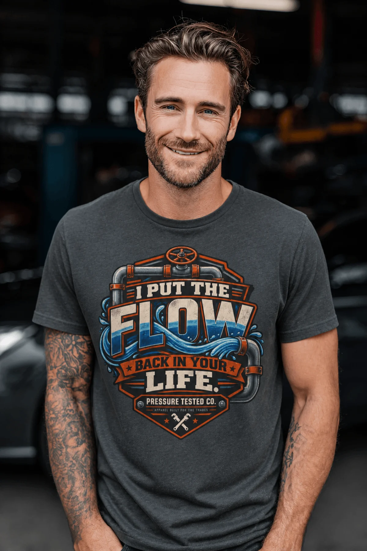 'I Put The Flow Back Into Your Life.' T-Shirt — Funny Retro Industrial Plumber's Tee — graphite t-shirt, model photo | Pressure Tested Co
