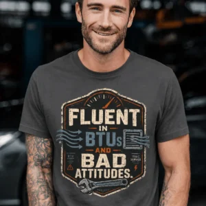 HVAC Tech T‑Shirt – "Fluent In BTUs And Bad Attitudes" — graphite t-shirt, model photo | Pressure Tested Co