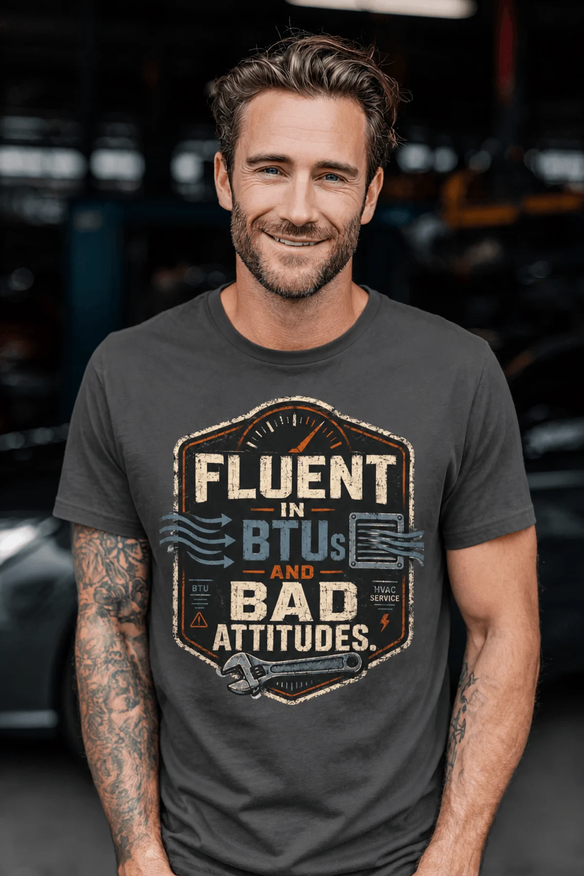 HVAC Tech T‑Shirt – "Fluent In BTUs And Bad Attitudes" — graphite t-shirt, model photo | Pressure Tested Co