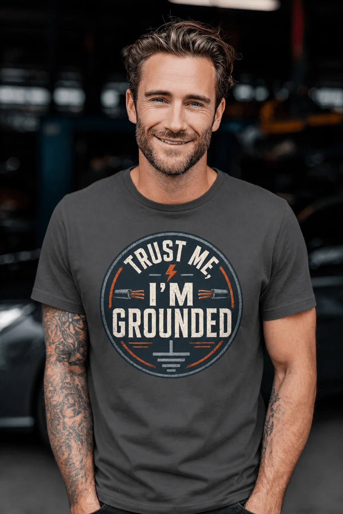 Grounded T‑Shirt – "Trust Me I'm Grounded" Electrical Tech Tee — graphite t-shirt, model photo | Pressure Tested Co
