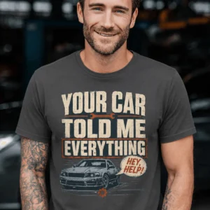 Mechanic T‑Shirt – "Your Car Told Me Everything" Vintage Graphic Design Tee — graphite t-shirt, model photo | Pressure Tested Co