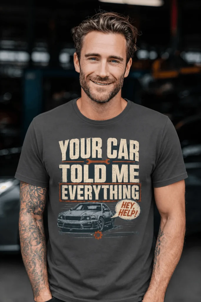 Mechanic T‑Shirt – "Your Car Told Me Everything" Vintage Graphic Design Tee — graphite t-shirt, model photo | Pressure Tested Co