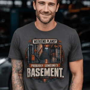 Plumber T‑Shirt – "Weekend Plans? Probably Someone's Basement" Vintage Graphic Design Tee — graphite t-shirt, model photo | Pressure Tested Co