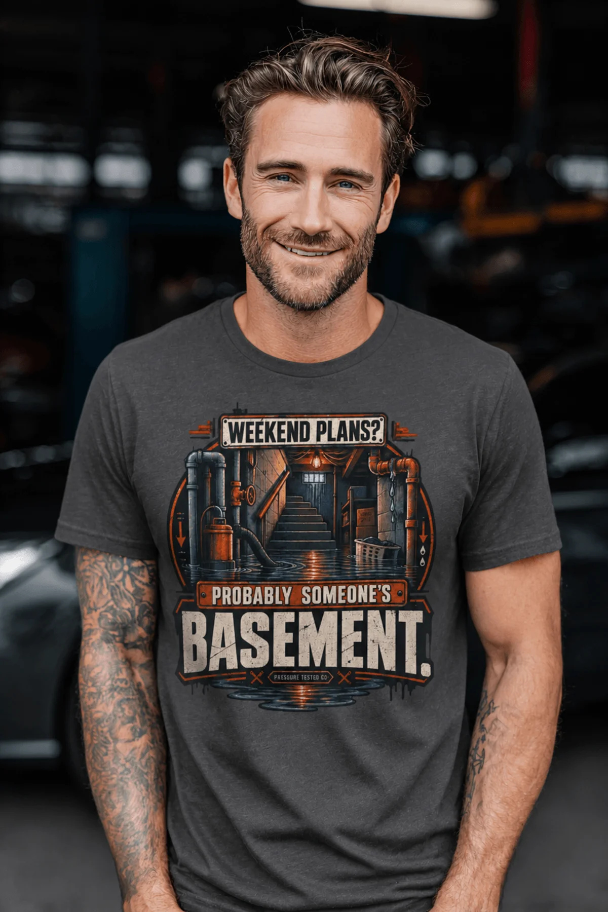 Plumber T‑Shirt – "Weekend Plans? Probably Someone's Basement" Vintage Graphic Design Tee — graphite t-shirt, model photo | Pressure Tested Co