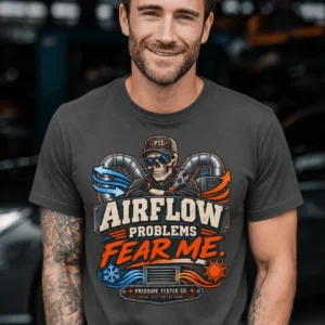 Airflow Problems Fear Me T-Shirt — HVAC Technician Skull Logo Tee — graphite t-shirt, model photo | Pressure Tested Co