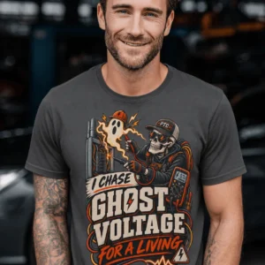 Ghost Voltage T-Shirt — 'I Chase Ghost Voltage for a Living' Vintage Electrician Tee — graphite t-shirt, model photo | Pressure Tested Co