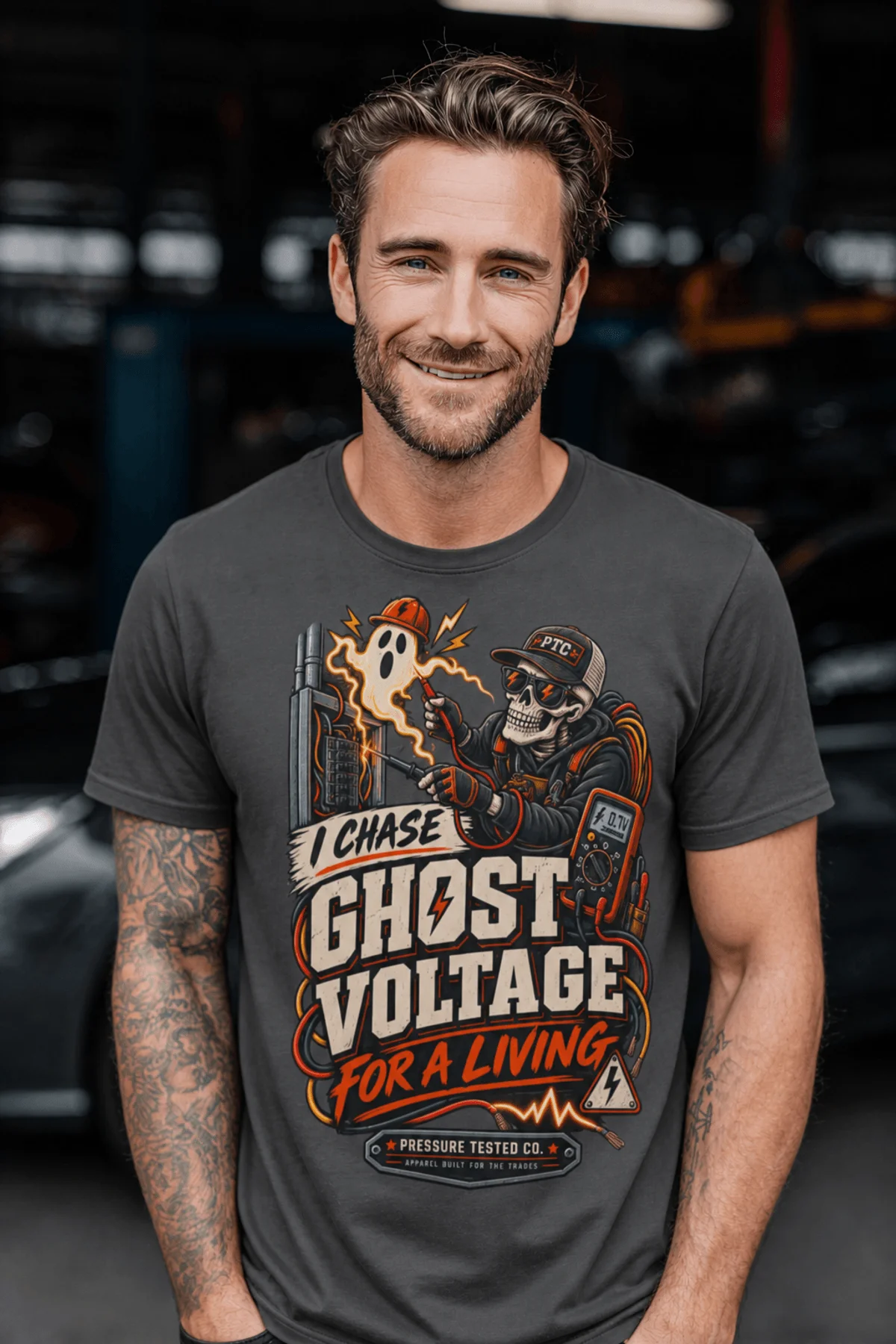 Ghost Voltage T-Shirt — 'I Chase Ghost Voltage for a Living' Vintage Electrician Tee — graphite t-shirt, model photo | Pressure Tested Co