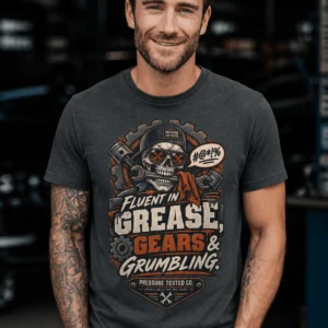 Mechanic Skull T-Shirt — "Fluent in Grease, Gears and Grumbling" Graphic Tee — graphite t-shirt, model photo | Pressure Tested Co