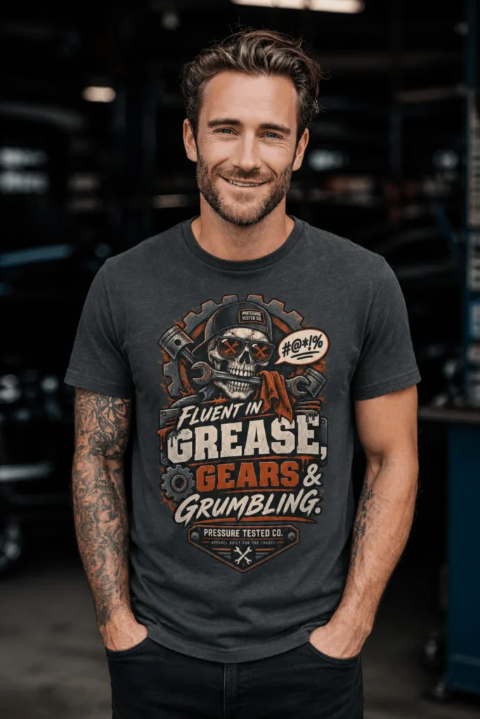 Mechanic Skull T-Shirt — "Fluent in Grease, Gears and Grumbling" Graphic Tee — graphite t-shirt, model photo | Pressure Tested Co