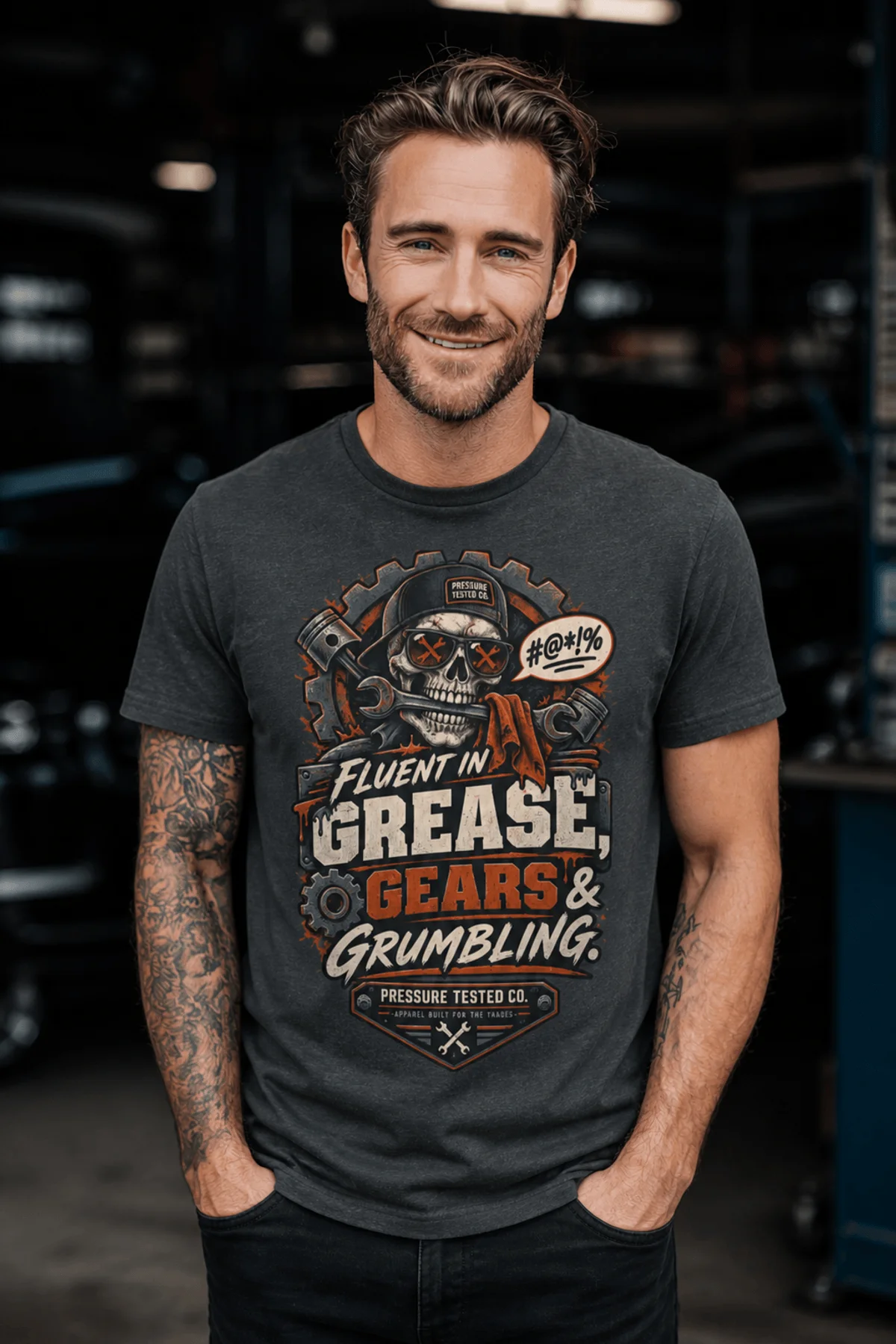 Mechanic Skull T-Shirt — "Fluent in Grease, Gears and Grumbling" Graphic Tee — graphite t-shirt, model photo | Pressure Tested Co