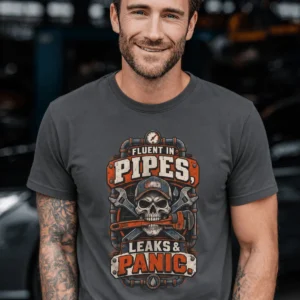 Plumber Skull T-Shirt — "Fluent in Pipes, Leaks and Panic" Workwear Tee — graphite t-shirt, model photo | Pressure Tested Co