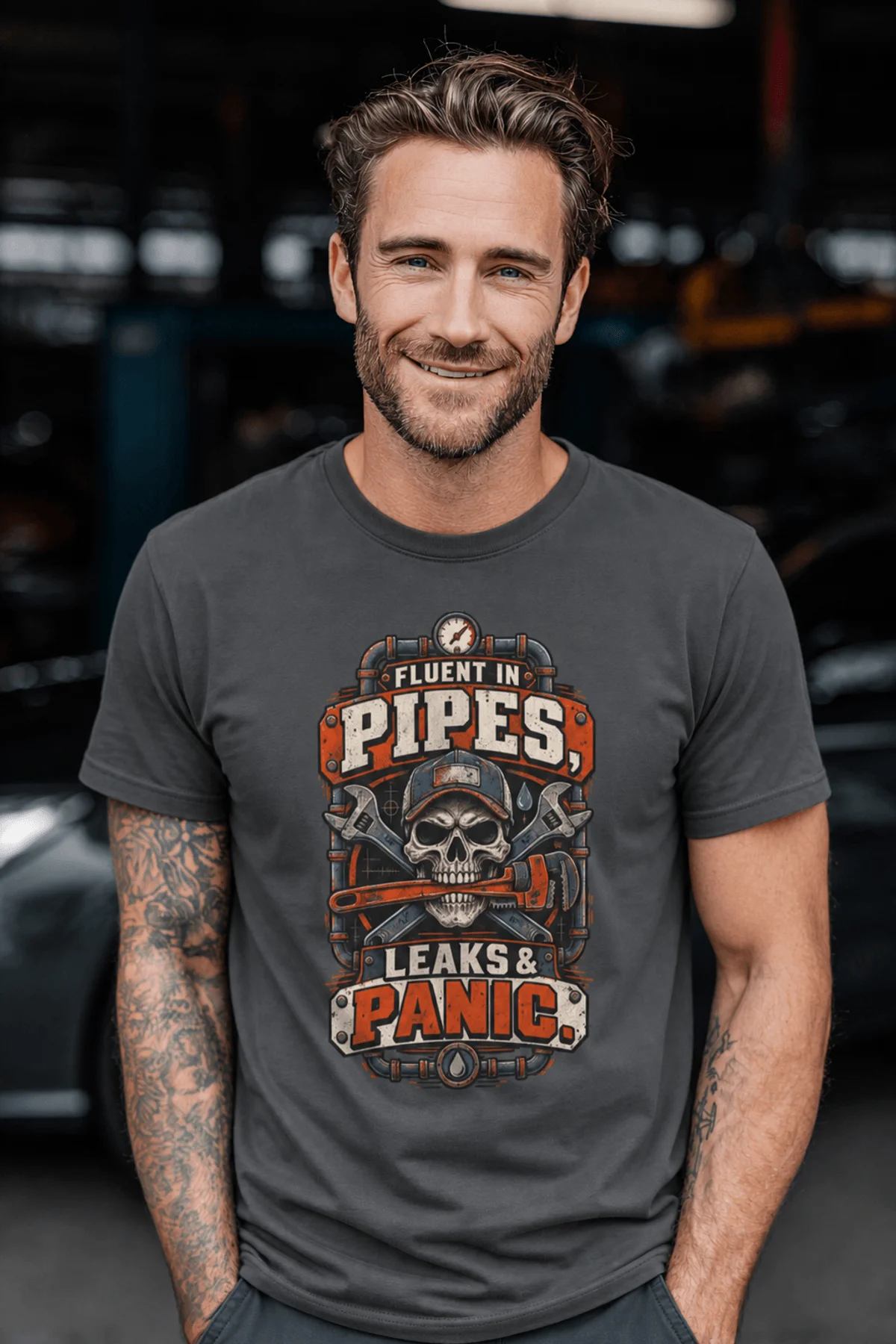 Plumber Skull T-Shirt — "Fluent in Pipes, Leaks and Panic" Workwear Tee — graphite t-shirt, model photo | Pressure Tested Co