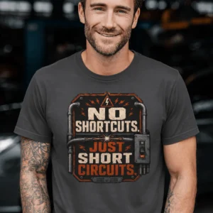 No Shortcuts Just Short Circuits T-Shirt — Funny Retro Industrial Electrician Tee — graphite t-shirt, model photo | Pressure Tested Co