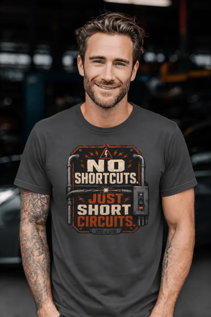 No Shortcuts Just Short Circuits T-Shirt — Funny Retro Industrial Electrician Tee — graphite t-shirt, model photo | Pressure Tested Co