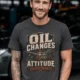 'Oil Changes and Attitude Adjustments' T-Shirt — Funny Retro Industrial Mechanic's Tee — graphite t-shirt, model photo | Pressure Tested Co