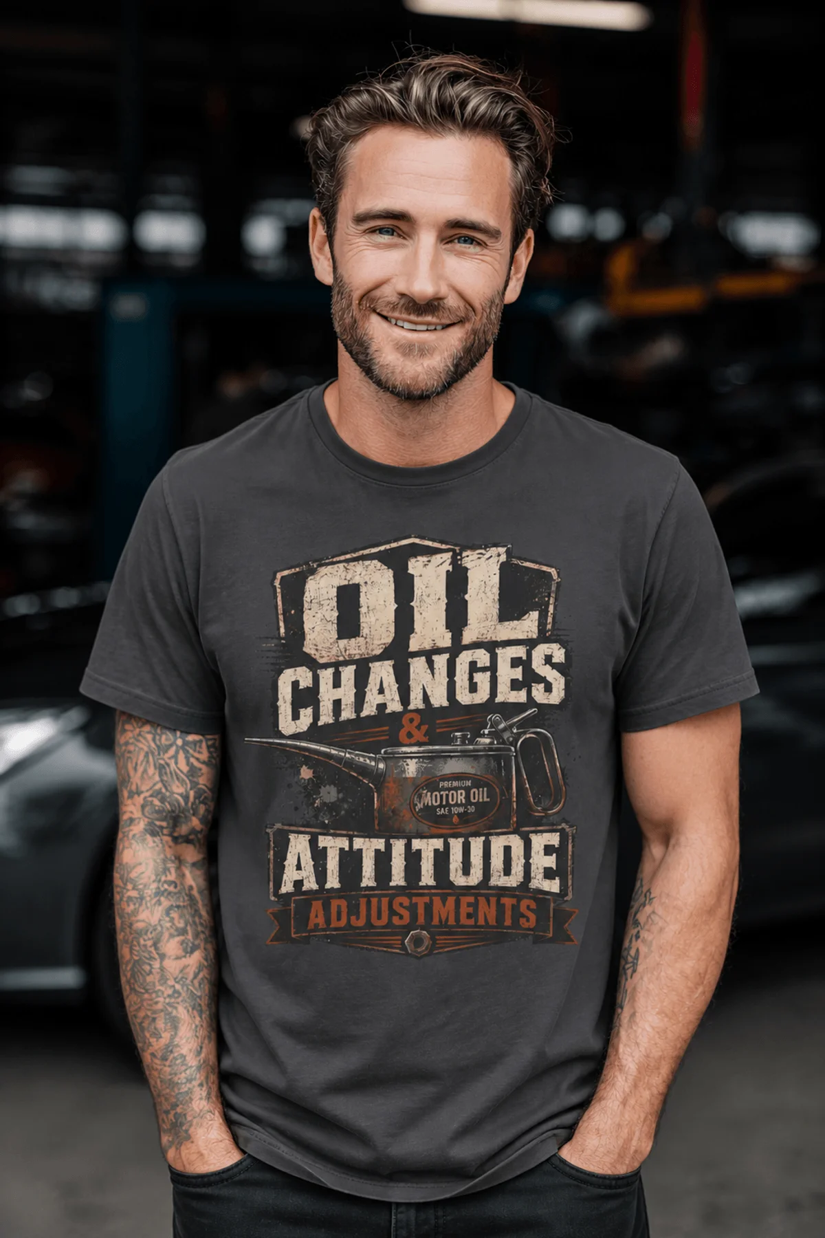 'Oil Changes and Attitude Adjustments' T-Shirt — Funny Retro Industrial Mechanic's Tee — graphite t-shirt, model photo | Pressure Tested Co