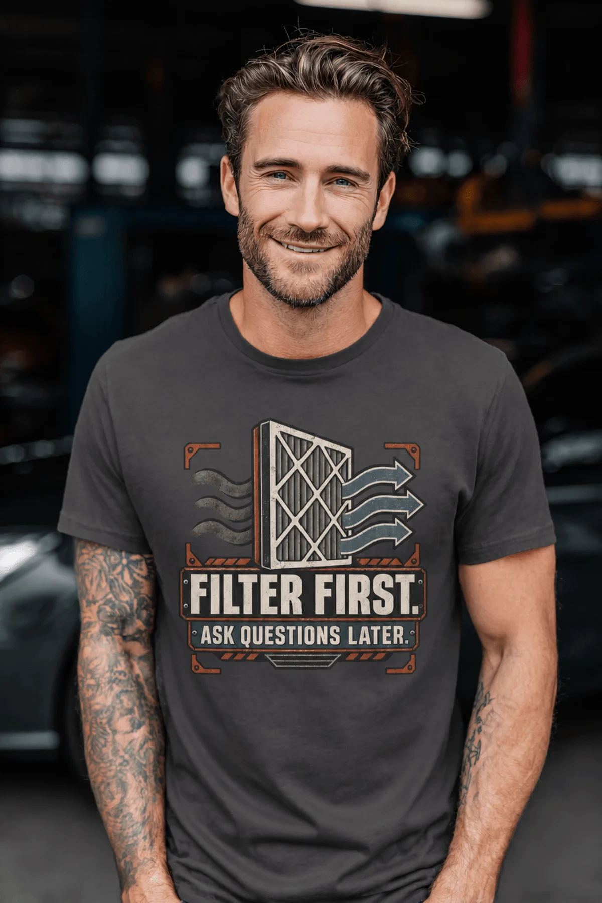 T-Shirt — "Filter First. Ask Questions Later." HVAC Air Filter Graphic — graphite t-shirt, model photo | Pressure Tested Co