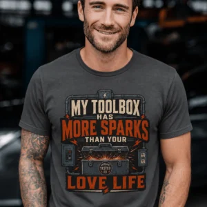 T-Shirt — "My Toolbox Has More Sparks Than Your Love Life" Electrician/Mechanic Workshop Tee — graphite t-shirt, model photo | Pressure Tested Co
