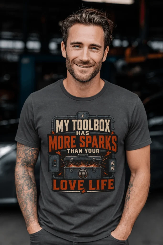 T-Shirt — "My Toolbox Has More Sparks Than Your Love Life" Electrician/Mechanic Workshop Tee — graphite t-shirt, model photo | Pressure Tested Co