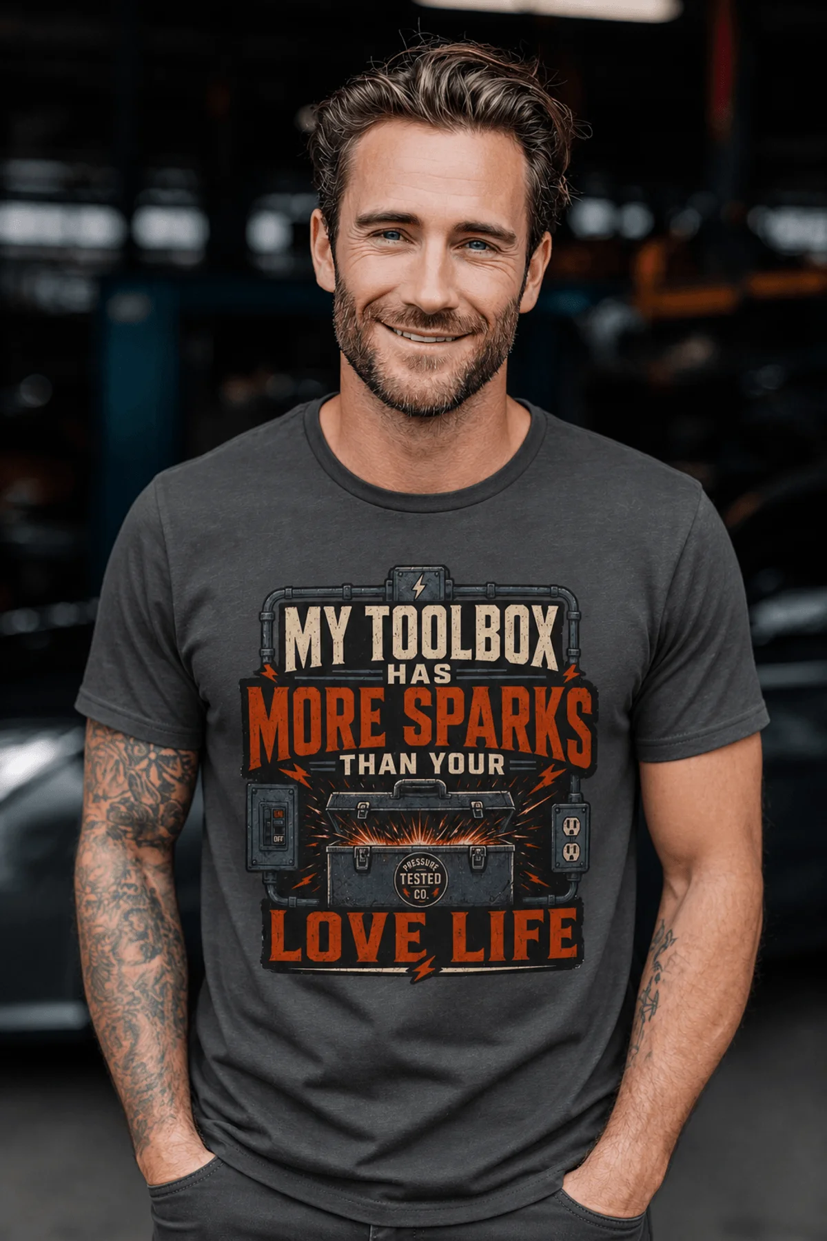T-Shirt — "My Toolbox Has More Sparks Than Your Love Life" Electrician/Mechanic Workshop Tee — graphite t-shirt, model photo | Pressure Tested Co