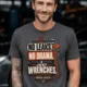 "No Leaks, No Drama, Just Wrenches" Vintage Plumbing Tee — graphite t-shirt, model photo | Pressure Tested Co