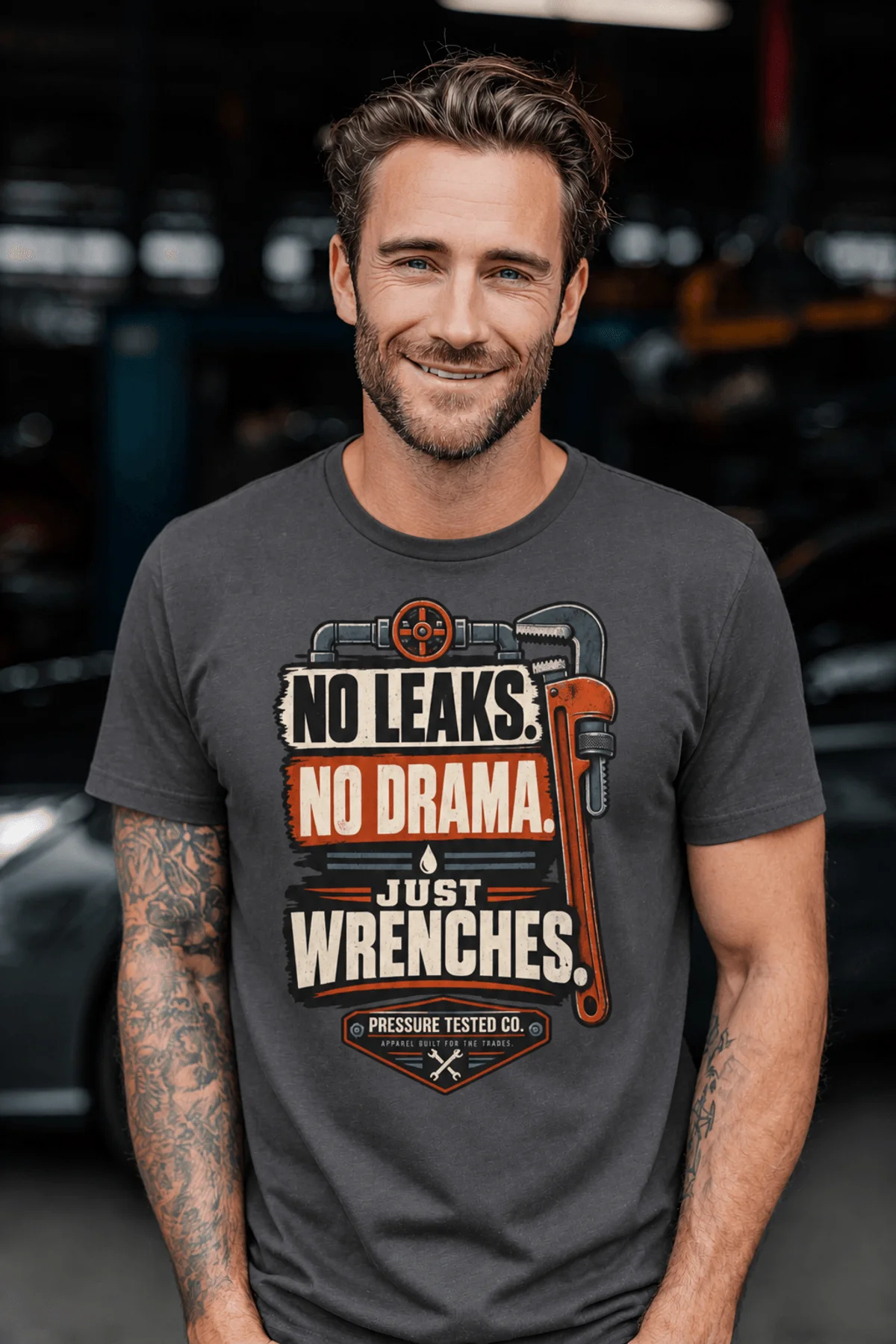 "No Leaks, No Drama, Just Wrenches" Vintage Plumbing Tee — graphite t-shirt, model photo | Pressure Tested Co