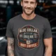 'Blue Collar. Cold Air. Hot Coffee.' T-Shirt — Funny Retro Industrial HVAC Tee — graphite t-shirt, model photo | Pressure Tested Co