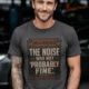 Warning Sign T-Shirt — "The Noise Was Not 'Probably Fine'" Vintage Graphic Tee — graphite t-shirt, model photo | Pressure Tested Co