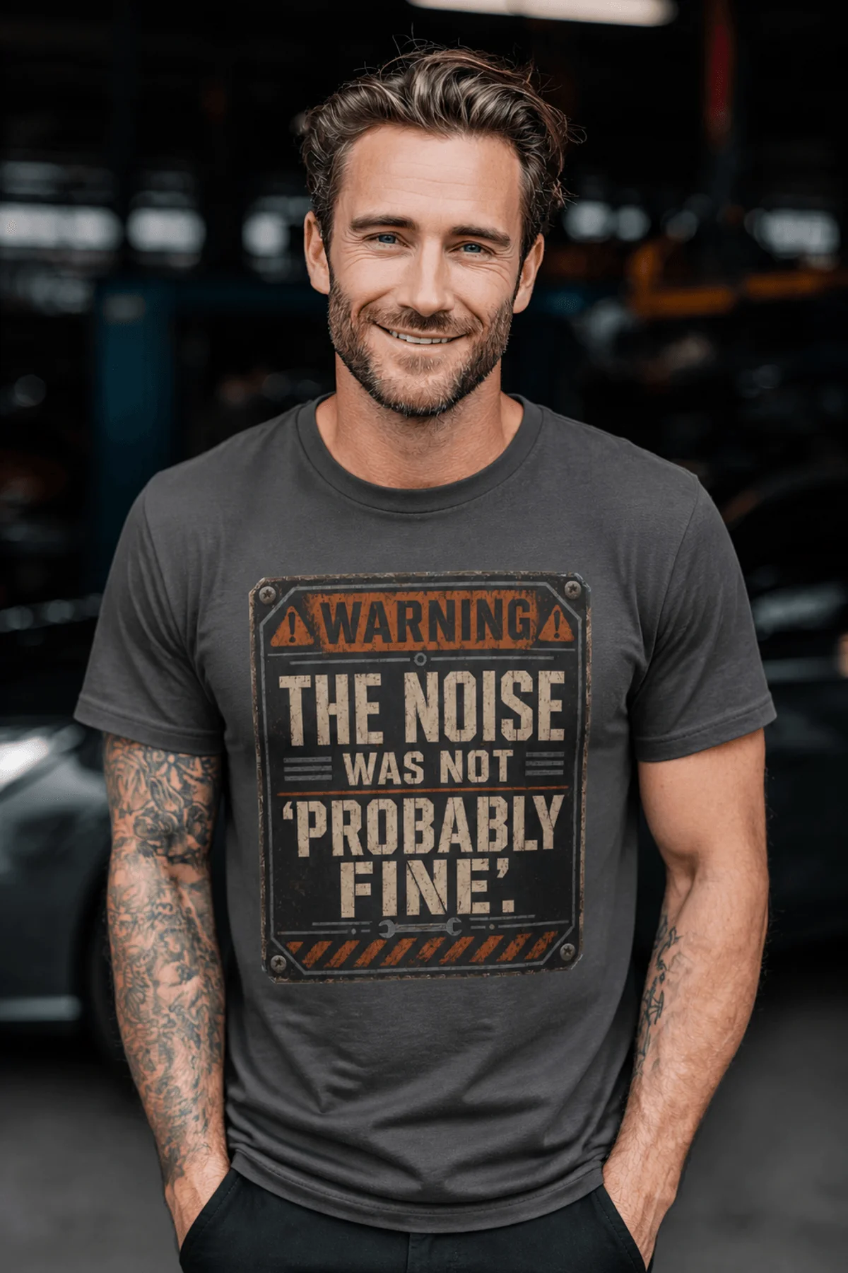 Warning Sign T-Shirt — "The Noise Was Not 'Probably Fine'" Vintage Graphic Tee — graphite t-shirt, model photo | Pressure Tested Co