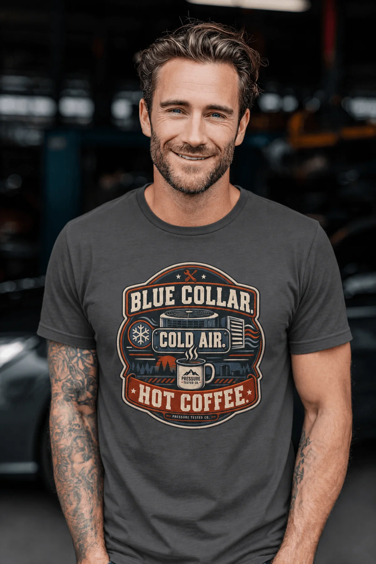 'Blue Collar. Cold Air. Hot Coffee.' T-Shirt — Funny Retro Industrial HVAC Tee — graphite t-shirt, model photo | Pressure Tested Co